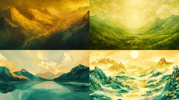 金绿山水画，山峰河流，工笔画风，线条细腻，三分法构图，暖冷色调搭配，8k分辨率，柔和顶光，宁静。