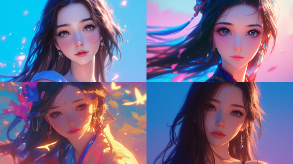 亚洲美女半身特写，文静神态，长发披肩，色彩艳丽冷色调，3d动漫风，细节清晰，正面镜头，顶光，静态，温柔。