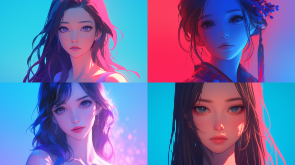亚洲美女半身特写，文静神态，长发披肩，色彩艳丽冷色调，3d动漫风，细节清晰，正面镜头，顶光，静态，温柔。