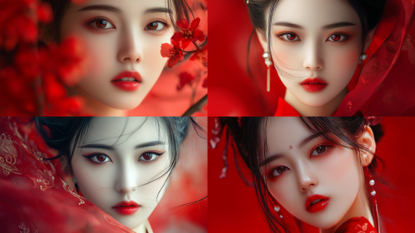 中国女孩、艺术照、中国元素、红色主题、容貌清晰、妆容大气、面部细节丰富、超高画质