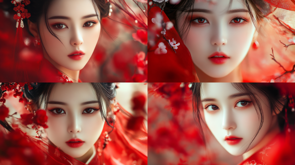 中国女孩、艺术照、中国元素、红色主题、容貌清晰、妆容大气、面部细节丰富、超高画质
