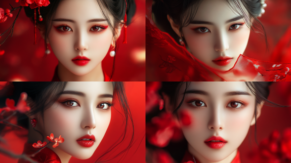中国女孩、艺术照、中国元素、红色主题、容貌清晰、妆容大气、面部细节丰富、超高画质