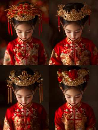 女孩着中式结婚礼服写真，居中构图，面部细节丰富，红色主调配金色点缀，庄重感，特写镜头，暖光，超高画质。
