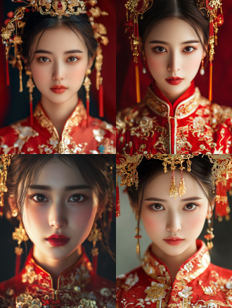 青年女性着中式结婚礼服写真，居中构图，红色为主金色点缀，面部细节多，庄重氛围，特写镜头，顶光，端庄站姿，超高画质。