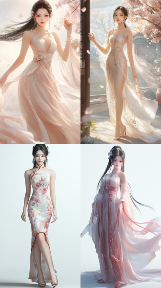 中国女孩，温婉动人，浅色衣裙，身材高挑，皮肤白皙，唇红齿白，长发飘飘，中式旗袍，高跟鞋，全身构图，超高颜值，8k 分辨率，细节丰富