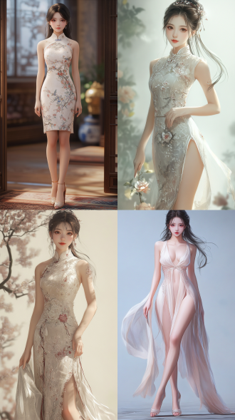 中国女孩，温婉动人，浅色衣裙，身材高挑，皮肤白皙，唇红齿白，长发飘飘，中式旗袍，高跟鞋，全身构图，超高颜值，8k 分辨率，细节丰富