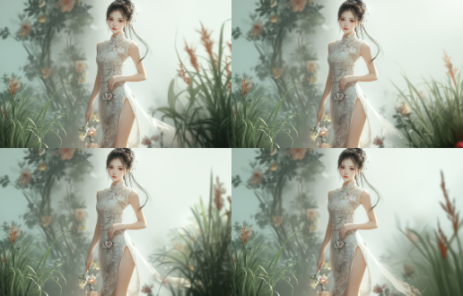 中国女孩，温婉动人，浅色衣裙，身材高挑，皮肤白皙，唇红齿白，长发飘飘，中式旗袍，高跟鞋，全身构图，超高颜值，8k 分辨率，细节丰富