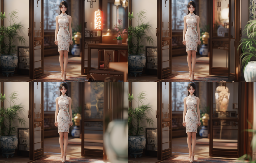 中国女孩，温婉动人，浅色衣裙，身材高挑，皮肤白皙，唇红齿白，长发飘飘，中式旗袍，高跟鞋，全身构图，超高颜值，8k 分辨率，细节丰富