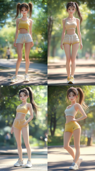 中国女孩，活泼可爱，写实风格，高马尾辫，短裙，浅色板鞋，笑容甜美，全身构图，面部细节丰富，公园背景，身材匀称，超高画质，8k 分辨率