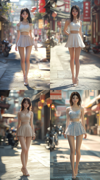 中国女孩，活泼可爱，3d 写实风格，披肩长发，短裙，浅色高跟鞋，笑容甜美，全身构图，面部细节丰富，街景，身材匀称，超高画质，8k 分辨率