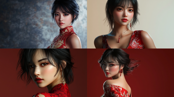 中国女性，热情奔放，3d 写实风格，凌乱短发，衣着时尚，高跟鞋，半身，面部细节丰富，摄影棚背景，身材匀称， 超高画质，8k 分辨率