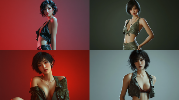 中国女性，热情奔放，3d 写实风格，凌乱短发，衣着清凉，高跟鞋，半身，面部细节丰富，摄影棚背景，身材匀称， 超高画质，8k 分辨率