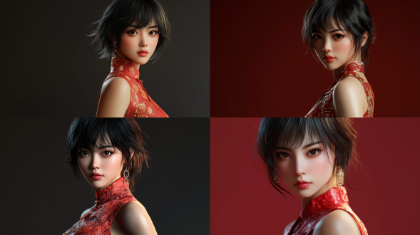 中国女性，热情奔放，3d 写实风格，凌乱短发，衣着时尚，高跟鞋，半身，面部细节丰富，摄影棚背景，身材匀称， 超高画质，8k 分辨率