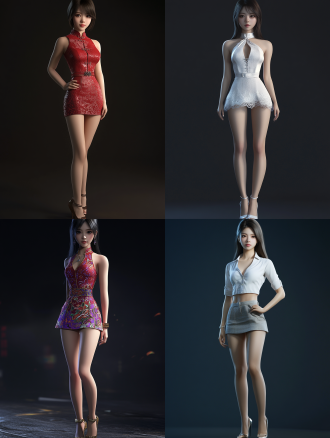 中国小姐姐，身材高挑，衣着清凉，高跟鞋、小短裙、摄影棚，深色背景，中长发，3d 写实风格，超高画质，8k分辨率