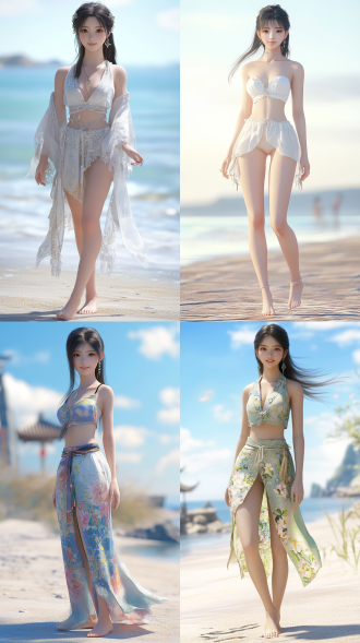 中国小姐姐，身材高挑，衣着清凉，光脚、海滩背景，动作轻盈，笑容甜美，中长发，3d 写实风格，超高画质，8k分辨率