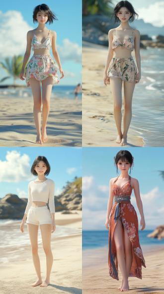 中国小姐姐，身材高挑，衣着清凉，光脚、海滩背景，动作活泼，笑容甜美，短发略带凌乱，3d 写实风格，超高画质，8k分辨率
