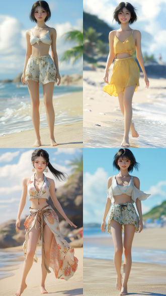 中国小姐姐，身材高挑，衣着清凉，光脚、海滩背景，动作活泼，笑容甜美，短发略带凌乱，3d 写实风格，超高画质，8k分辨率