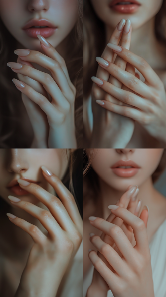 美女手部特写，手指纤细修长，比例合理匀称，白净细腻，细节丰富，指甲中长圆润，超高画质，8k 分辨率