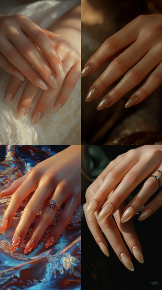 美女手部特写，手指纤细修长，比例合理匀称，白净细腻，细节丰富，指甲中长圆润，指甲油色彩丰富，超高画质，8k 分辨率