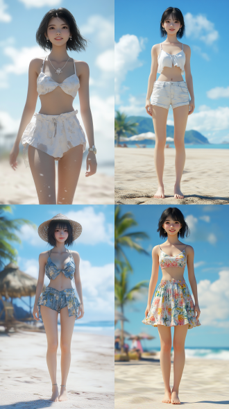 中国小姐姐，身材高挑，衣着清凉，光脚、海滩背景，动作活泼，笑容甜美，短发略带凌乱，3d 写实风格，超高画质，8k分辨率
