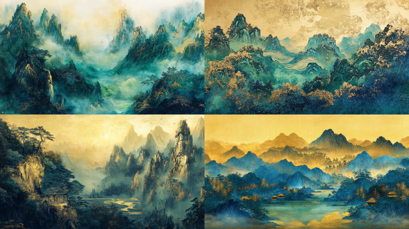 青绿山水画，国画，金色与绿色，细节丰富，超高画质。