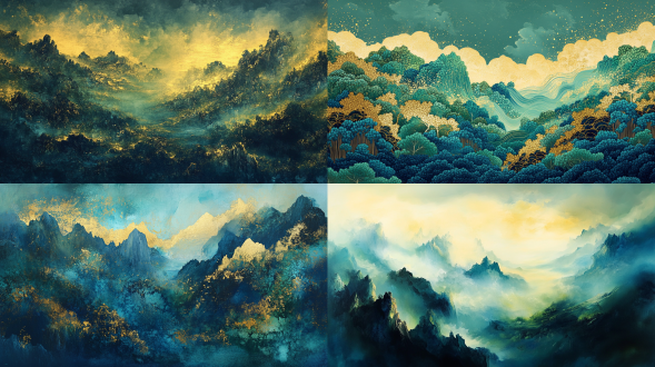 青绿山水画，国画，金色与绿色，细节丰富，超高画质。