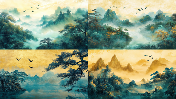 青绿山水画，国画，金色与绿色，细节丰富，超高画质，飞鸟点缀，16k分辨率