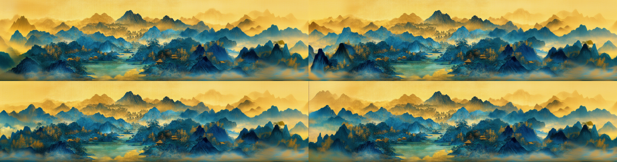 青绿山水画，国画，金色与绿色，细节丰富，超高画质。