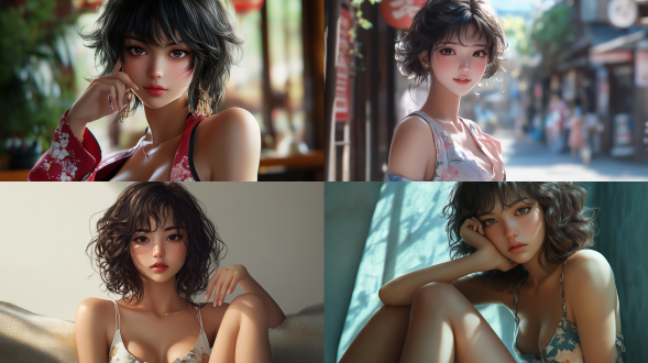 highly detailed cgsociety, ((anime)), 二次元，beautiful oriental woman, ((healthy and perfect fingers)). by tetsugoro yorozu, curly and short top hair, long, straight and attractive legs stealing the show. stunningly realistic,