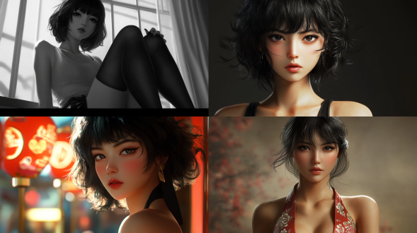 highly detailed cgsociety, ((anime)), 二次元，beautiful oriental woman, ((healthy and perfect fingers)). by tetsugoro yorozu, curly and short top hair, long, straight and attractive legs stealing the show. stunningly realistic,