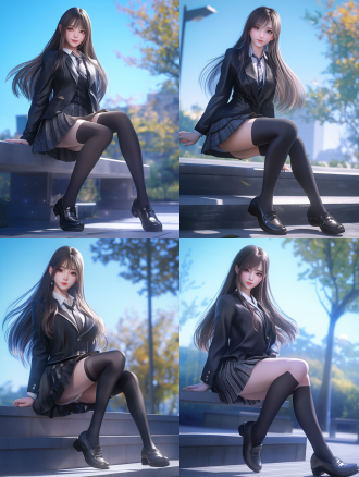 女孩，高中生，jk校服，百褶裙，黑皮鞋，长发，3d卡通风格，细节丰富，全身照，面部表情细致，长腿，校园背景，超高画质，8k分辨率