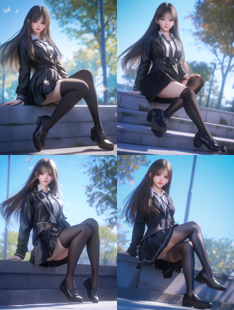 女孩，高中生，jk校服，百褶裙，黑皮鞋，长发，3d卡通风格，细节丰富，全身照，面部表情细致，长腿，校园背景，超高画质，8k分辨率