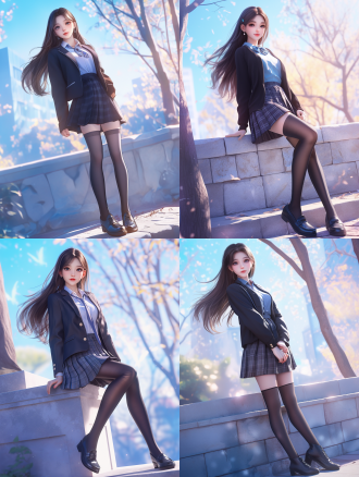 女孩，高中生，jk校服，百褶裙，黑皮鞋，长发，3d卡通风格，细节丰富，全身照，面部表情细致，长腿，校园背景，超高画质，8k分辨率