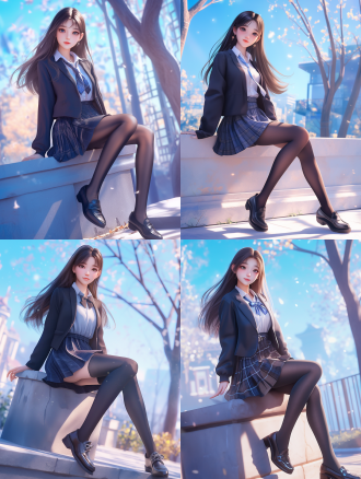 女孩，高中生，jk校服，百褶裙，黑皮鞋，长发，3d卡通风格，细节丰富，全身照，面部表情细致，长腿，校园背景，超高画质，8k分辨率
