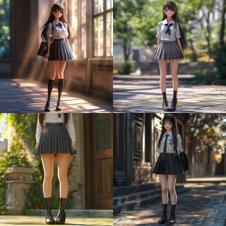 女孩，高中生，jk校服，百褶裙，黑皮鞋，长发，3d卡通风格，细节丰富，全身照，面部表情细致，长腿，校园背景，超高画质，8k分辨率