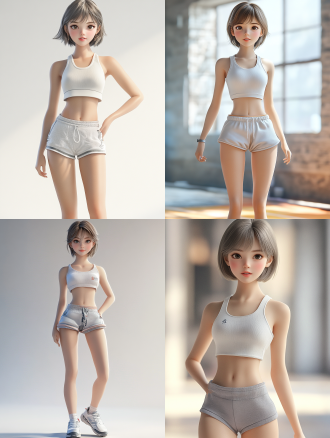 女孩，短发，运动装扮，俏皮可爱，笑容甜美，短裙，3d风格，细节丰富，全身照，面部表情丰富，超高画质，8k分辨率