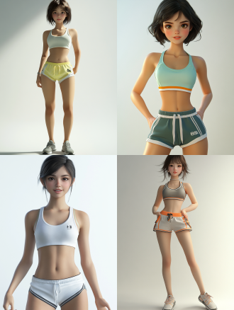 短发女孩着运动短裙，俏皮可爱笑容甜，全身照，3d写实，细节丰富，8k画质，自然光，面部表情多。