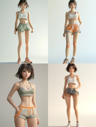 短发女孩着运动短裙，俏皮可爱笑容甜，全身照，3d写实，细节丰富，8k画质，自然光，面部表情多。