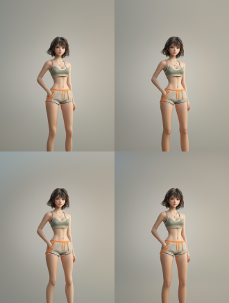 短发女孩着运动短裙，俏皮可爱笑容甜，全身照，3d写实，细节丰富，8k画质，自然光，面部表情多。