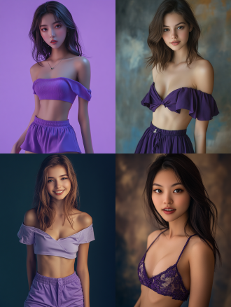 东方少女着紫色短裙，齐肩长发妆容精致，自然微笑全身照，摄影棚背景，细节丰富，超高画质8k，暖光，正面镜头。