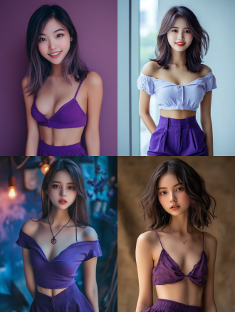 东方少女着紫色短裙，齐肩长发妆容精致，自然微笑全身照，摄影棚背景，细节丰富，超高画质8k，暖光，正面镜头。
