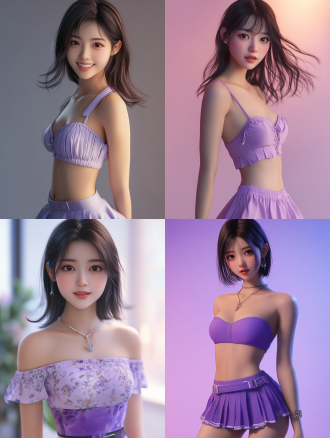 中国少女，紫色短裙齐肩长发，精致妆容自然笑，全身构图，摄影棚背景，超高画质8k，丰富细节，暖光，特写，甜美。