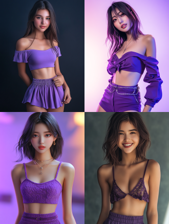 东方少女着紫色短裙，齐肩长发妆容精致，自然微笑全身照，摄影棚背景，细节丰富，超高画质8k，暖光，正面镜头。