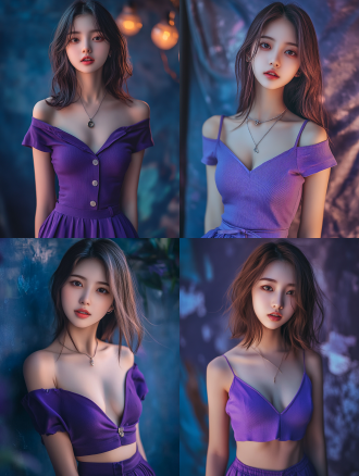 东方少女着紫色短裙，齐肩长发妆容精致，自然微笑全身照，摄影棚背景，细节丰富，超高画质8k，暖光，正面镜头。