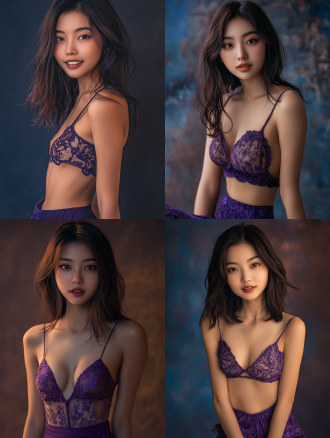 东方少女着紫色短裙，齐肩长发妆容精致，自然微笑全身照，摄影棚背景，细节丰富，超高画质8k，暖光，正面镜头。