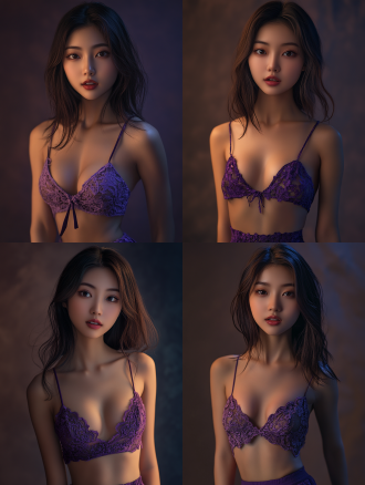 东方少女着紫色短裙，齐肩长发妆容精致，自然微笑全身照，摄影棚背景，细节丰富，超高画质8k，暖光，正面镜头。