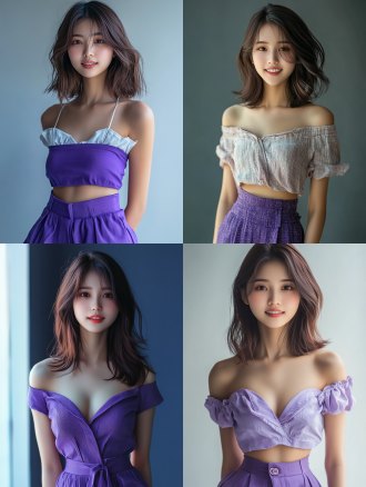 东方少女着紫色短裙，齐肩长发妆容精致，自然微笑全身照，摄影棚背景，细节丰富，超高画质8k，暖光，正面镜头。