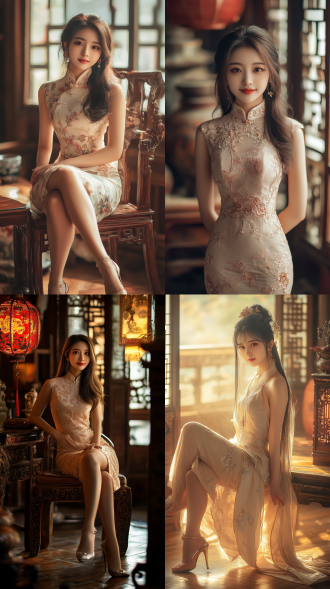 中国古典美女，全身像，长发浅色旗袍高跟鞋，甜美笑，居中构图，室内古风环境，长焦镜头，暖光，高饱和色彩，优雅，8k画质。