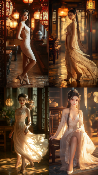 中国古典美女，全身像，长发浅色旗袍高跟鞋，甜美笑，居中构图，室内古风环境，长焦镜头，暖光，高饱和色彩，优雅，8k画质。