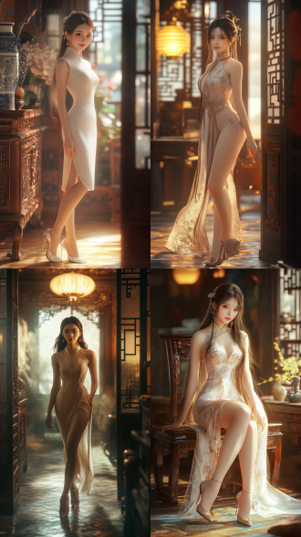 中国古典美女，全身像，长发浅色旗袍高跟鞋，甜美笑，居中构图，室内古风环境，长焦镜头，暖光，高饱和色彩，优雅，8k画质。